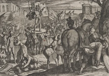 Plate 5: Bruno Appointed Leader of the Caninefates, from The War of the Romans Against the..., 1611.