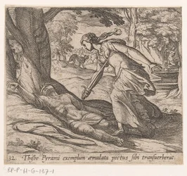 The suicide of Thisbe - Thijsbe Pyrami exemplum aemulata pectus sibi transuerberat (title on object) - Metamorphoseon sive transformationum (series title) - Metamorphoses of Ovid (series title)