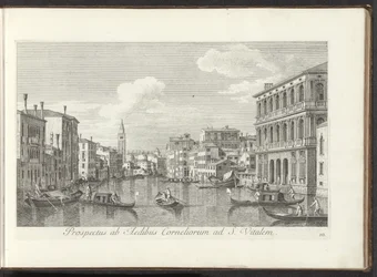 View of the Grand Canal and the Tower of San Vitale in Venice Prospectus ab Aedibus Corneliorum ad S. Vitalem (title on object) Urbis Venetiarum prospectus celebriores, ex Antonii Canal tabulis XXXVIII aere expressi ab Antonio Vissentini in partes