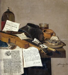 Still Life with Pamphlets, a Violin, Flute, Food and Pamphlets
