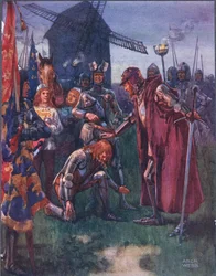 The Prince to his Father kneels lowly: His is the battle - his wholly! illustration from Ballads of Famous Fights, c.1900