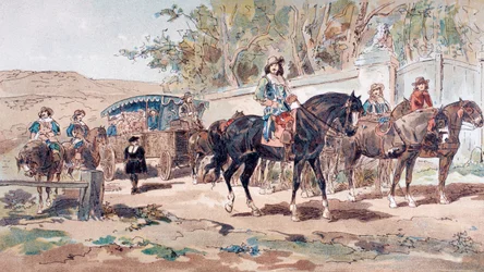 A Horse Drawn Public Diligence, or Coach, of the 17th Century with Mounted Escort, 1886