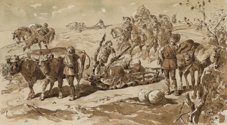 Ox-drawn sled and pack horses in primitive times