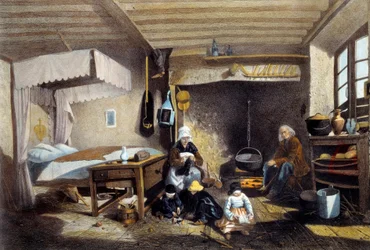 Peasant interior near Royat in Auvergne. The mother is sewing, the father is sitting by the big fireplace while the children play. Lithograph by Armand Theophile Cassagne