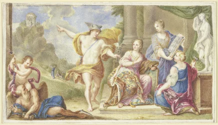 Mercury shows the arts the way to a sanctuary standing on a steep hill