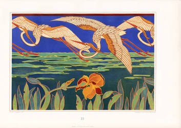 Decorative Art Nouveau Frieze with Herons over Water Landscape