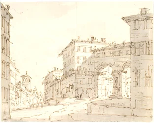 Italian Street Scene with Church on the Left and Portal on the Right
