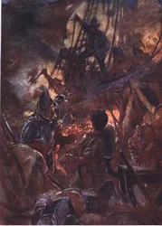 Fiercely the battle raged and long, illustration from Romance of History: The Netherlands, 1920s