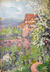 House with Spring Blossom Tree in the Foreground