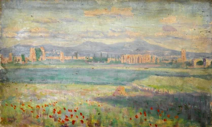 Mediterranean Landscape with Poppies in Foreground and Walled Town in Background