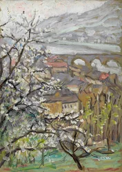 View Across an Orchard Over a Bridge and Estuary