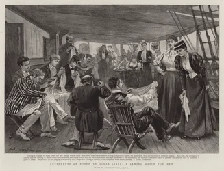 Amusements on Board an Ocean Liner, a Sewing Match for Men