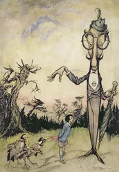 A Giant with a Child and Two Crows, illustration from The Book of Betty Barber by Maggie Brown, published 1910, later coloured by Harry Rountree, 1878-1950, also an illustration for the Book o