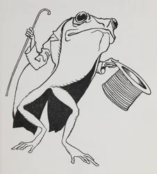 A frog wearing top hat and tails, carrying a cane.