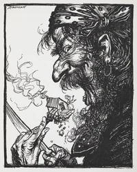 A Large Man Eating a Tiny Lady and Her House.