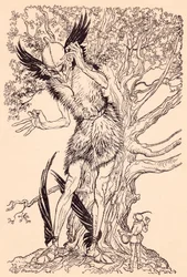 A terrible fellow half as big as the tree by which he was standing (Illustration by Arthur Rackham from Grimm
