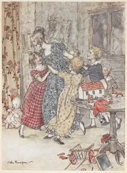 A young woman and children dancing around a playroom full of toys