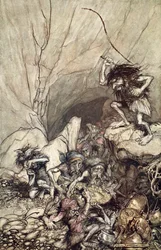 Alberich drives in a band of Nibelungs with gold and silver treasures