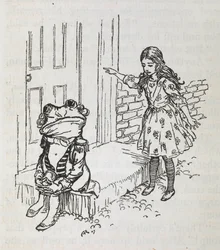 Alice and a frog dressed as a footman