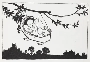Baby in a cot hanging from a branch