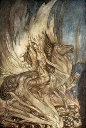 Brunnhilde on Grane leaps on to the funeral pyre of Siegfried, 1924