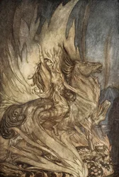 Brunnhilde on Grane leaps on to the funeral pyre of Siegfried, illustration from 