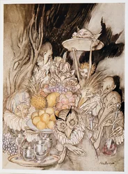 Enter several strange Shapes, bringing in a banquet ?.inviting the King, etc. to eat, illustration from William Shakespeare