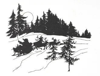 Father Christmas travelling through a snowy wood on his sleigh