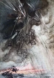 Furiously Wotan is riding to the rock. Illustration for The Rhinegold and The Valkyrie by Richard