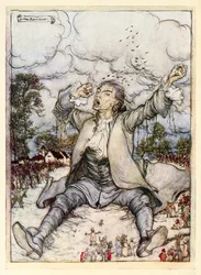 Gulliver released from the strings raises and stretches himself from Part I: A Voyage to Lilliput in Gulliver