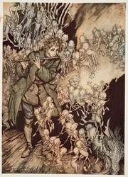 He Played Until the Room Was Entirely Filled with Gnomes, from Little Brother & Little Sister and Other Tales by the Brothers Grimm, pub. 1917