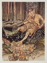Hop-o-my-thumb went up to the Ogre softly and pulled off his seven-league boots, from The Arthur Rackham Fairy Book