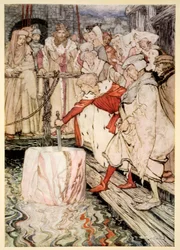 How Galahad drew out the sword from the floating stone at Camelot, illustration from 