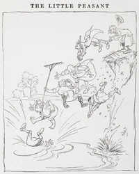 Illustration of men jumping off a cliff into a pond from The Little Peasants