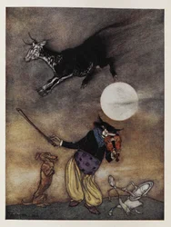 Illustration to a Nursery Rhyme. A Cow Jumping Over the Moon. A Cat Playing a Fiddle. A Dog. A Dish Running Away with a Spoon