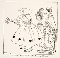In came the three women dressed in the strangest fashion, from Little Brother & Little Sister and Other Tales by the Brothers Grimm, pub.1917