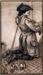 Lilliputian Tailors Measuring Gulliver to Make Him New Suit, Illustration by Arthur Rackham from Gulliver