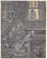 Scrooge at his window watching ghosts in the street below