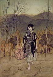 She Went Along, and Went Along, and Went Along Catskin, Illustration from English Fairy Tales, Retold by F.A Steel, 1918