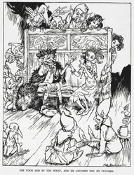 She took him by the wrist, and he laughed till he clucked. Elfin maidens and goblins. Illustration for 