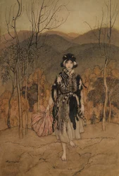 She went along, and went along, and went along dressed in catskin (illustration from English Fairy Tales retold by F.A. Steel, published 1918)