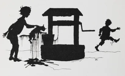 Silhouette of a boy pulling a cat out of a well