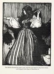The Maiden fetched the magic wand, and then she took her step-sisters head, and dropped three drops of blood from it