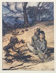 The Son made a circle, and his Father and he took their places within it, and the little black Mannikin appeared, from The Fairy Tales of the Brothers Grimm, published 1909