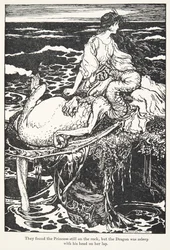 The found the Princess still on the rock, but the Dragon was asleep with his head on her lap