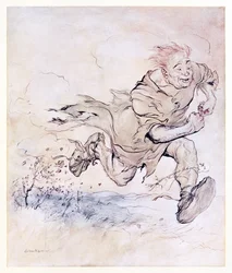 The thumping of his big boots grew as continuous as the pattering of hailstones on a roof, and the wind of his passage blew trees down. from The Carl of the Drab Coat in Irish Fairy Tales