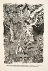 There she sat, and would have remained sitting a long time, if there had not been a rustling and cracking in the boughs of the nearest tree, from Little Brother & Little Sister and Other Tales by the Brothers Grimm