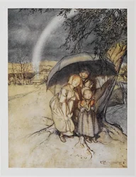 Three Children Sheltering Under an Umbrella with a Rainbow. 