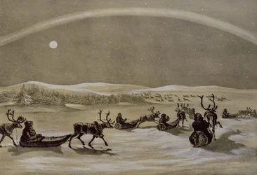 A Singular Appearance of the Northern Lights above a Laplanders Herd of Reindeer Crossing the Jerdis Javri, from Winter Sketches in Lapland, engraved by James Duffield Harding