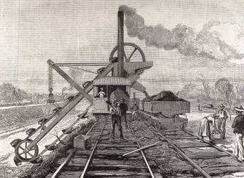 Construction of Panama Canal. Dredging Works in the Village of Culebra. Original Drawing by Meltor Prior. Image Published in The Illustrated London News. Engraving.